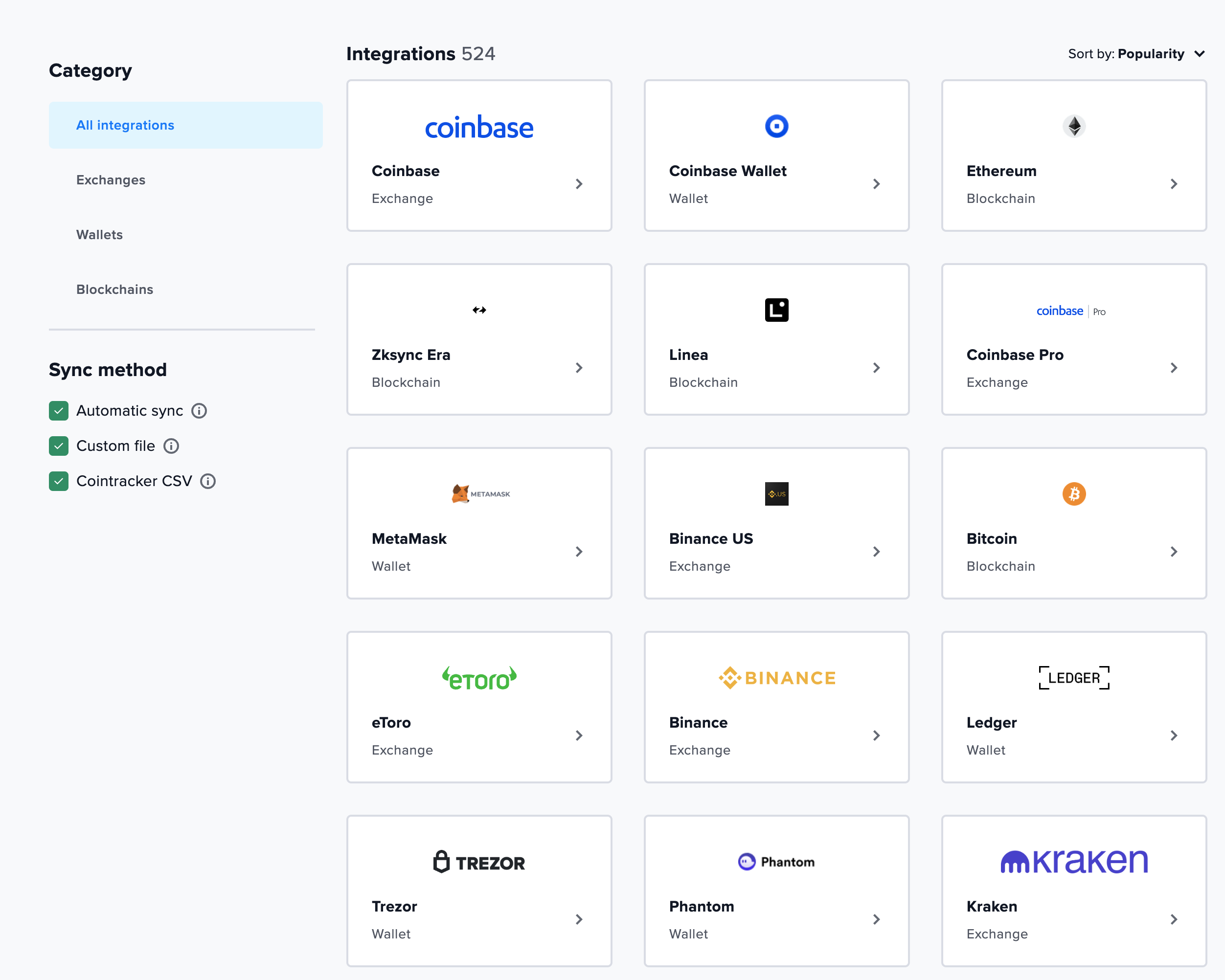 CoinTracker's Integrations Page